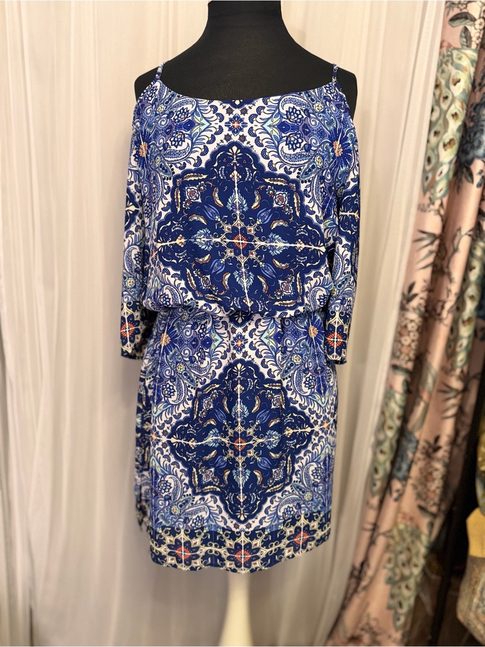 Bisou Bisou Michele Bohbot Blue Paisley Cold Shoulder Dress Size 2 Boho Y2K